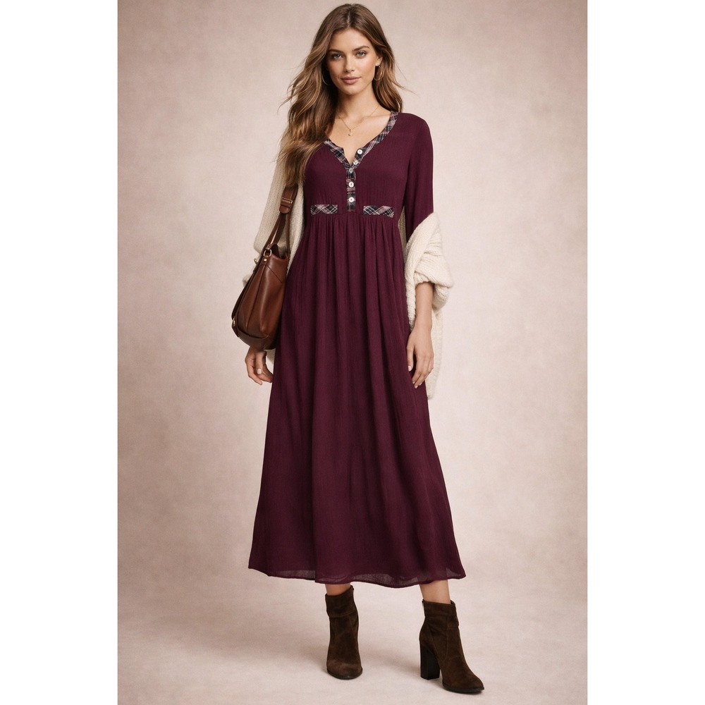 M G Apparel Babydoll Dress Womens M Burgundy Plaid Trim Vintage Cottagecore